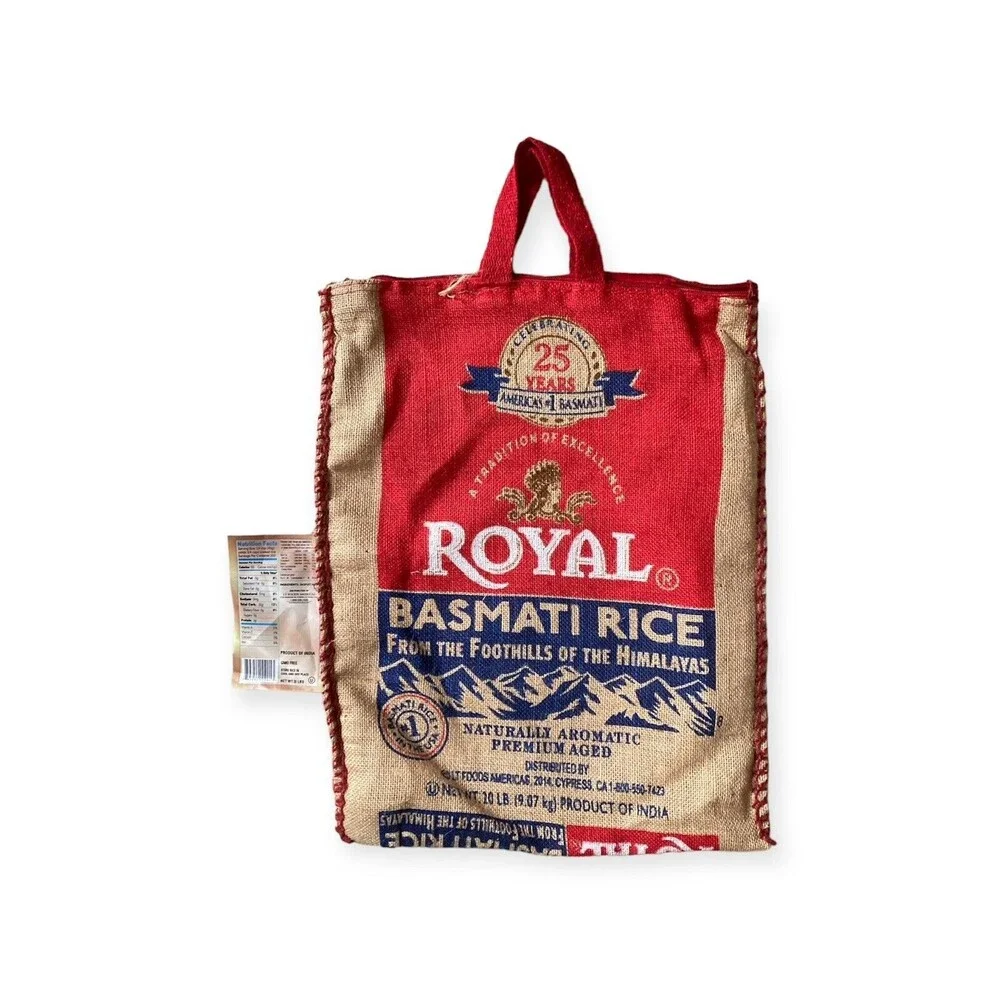 ROYAL BASMATI Rice Sack EMPTY Bag India Tote Handles Zipper Burlap Halloween